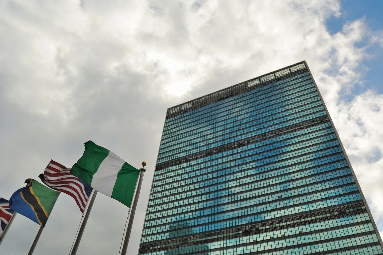 UN headquarters with flags